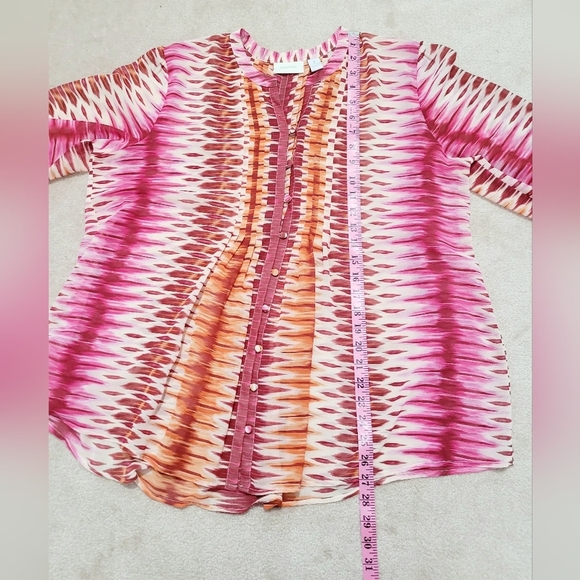 Chico’s Size 2 (L) Button Front Blouse Pink Orange Abstract Ikat Print 3/4 Sleev - Picture 7 of 10